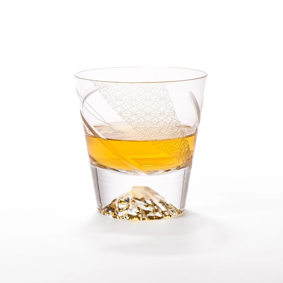 Clear rocks glass with etched starburst lattice pattern, swirling stripe detail, and textured 3D Mount Fuji base.