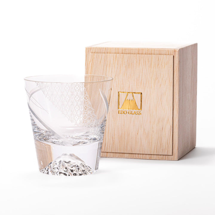 Clear rocks glass with etched starburst lattice pattern, swirling stripe detail, and textured 3D Mount Fuji base.
