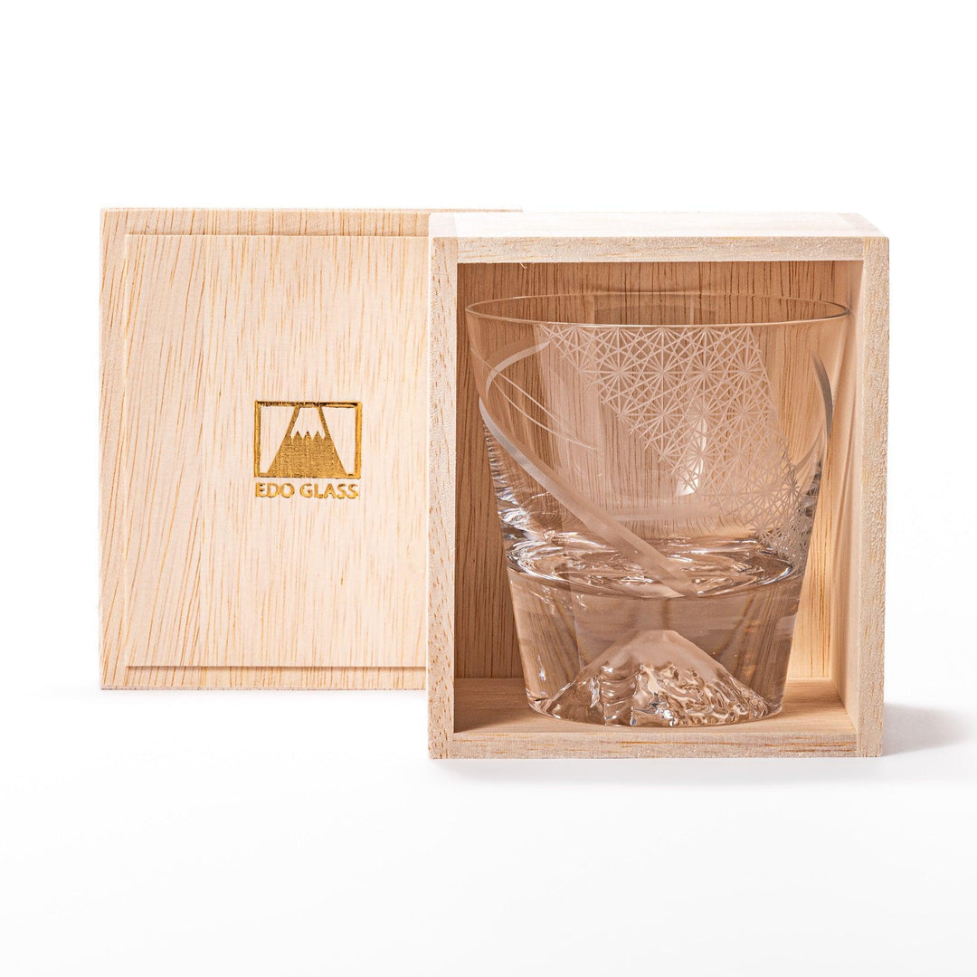 Clear rocks glass with etched starburst lattice pattern, swirling stripe detail, and textured 3D Mount Fuji base.