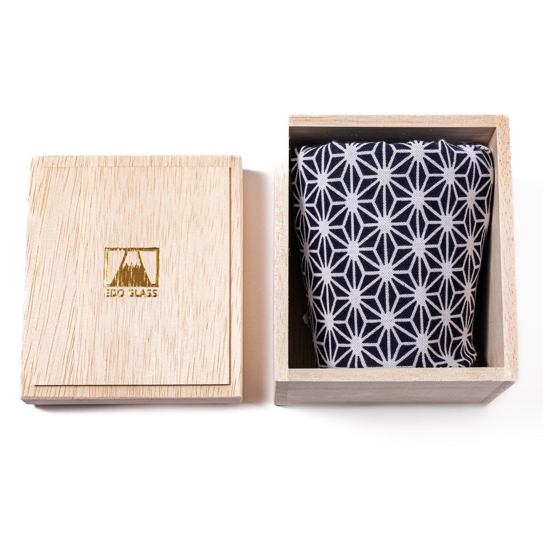 Clear rocks glass with etched starburst lattice pattern, swirling stripe detail, and textured 3D Mount Fuji base.