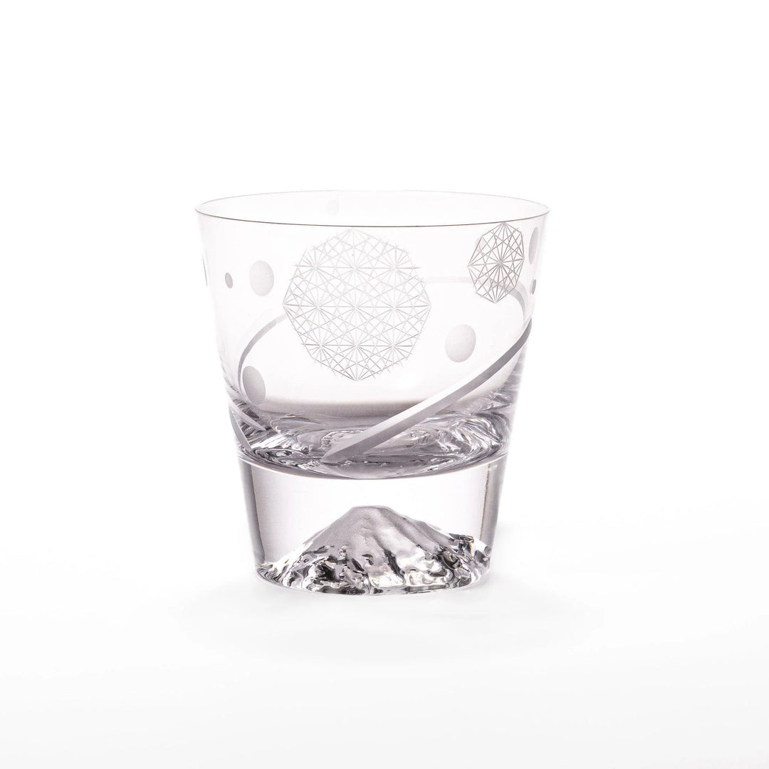 Clear rocks glass with etched geometric circles and dots, diagonal swirl accent, and detailed 3D Mount Fuji base.