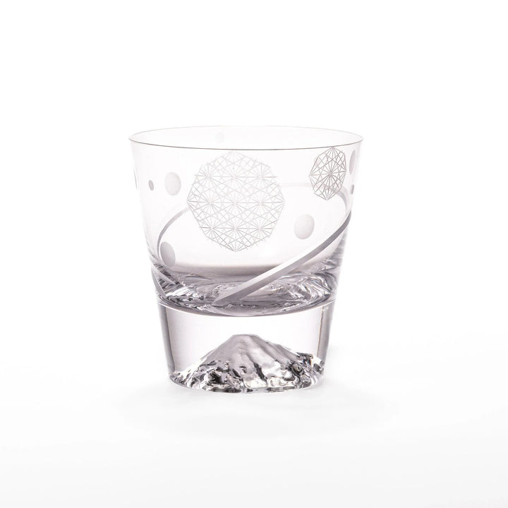 Clear rocks glass with etched geometric circles and dots, diagonal swirl accent, and detailed 3D Mount Fuji base.