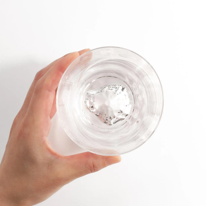 Clear rocks glass with etched geometric circles and dots, diagonal swirl accent, and detailed 3D Mount Fuji base.