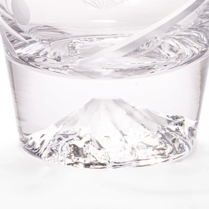 Clear rocks glass with etched geometric circles and dots, diagonal swirl accent, and detailed 3D Mount Fuji base.