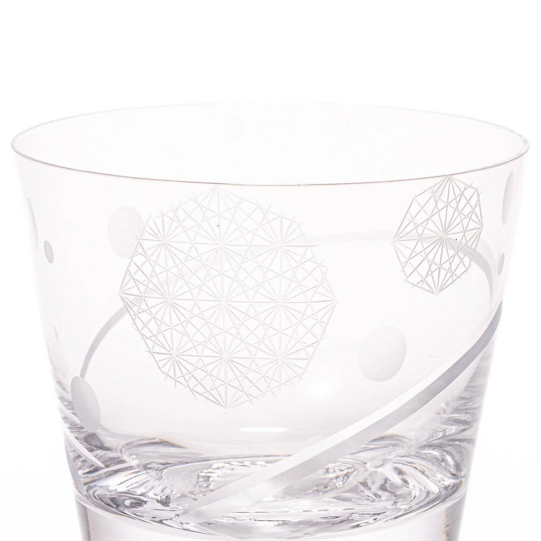Clear rocks glass with etched geometric circles and dots, diagonal swirl accent, and detailed 3D Mount Fuji base.