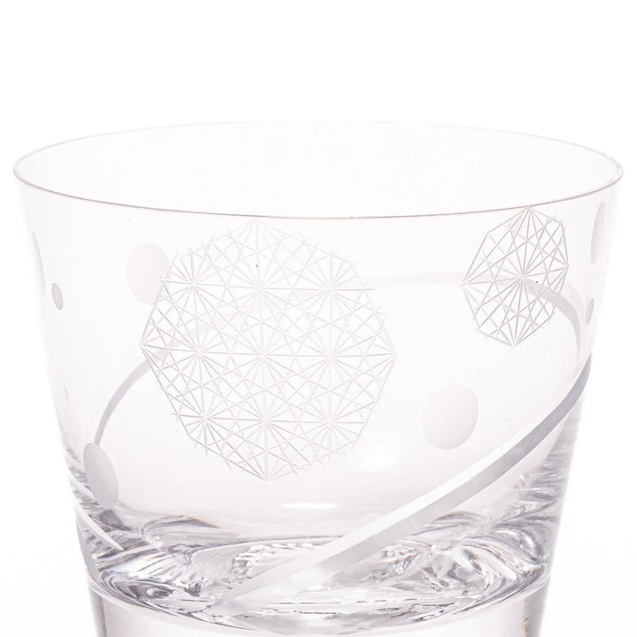 Clear rocks glass with etched geometric circles and dots, diagonal swirl accent, and detailed 3D Mount Fuji base.