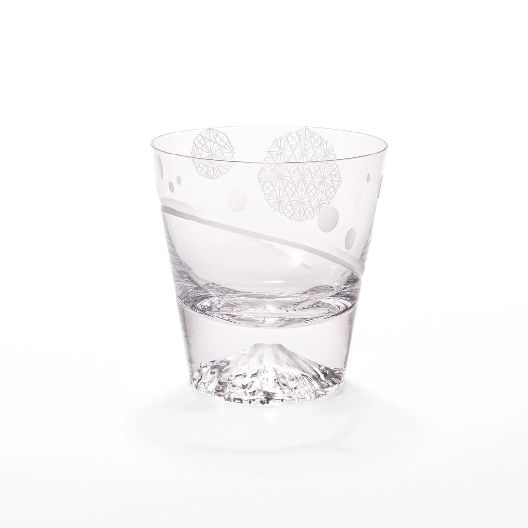 Clear rocks glass with etched geometric circles and dots, diagonal swirl accent, and detailed 3D Mount Fuji base.
