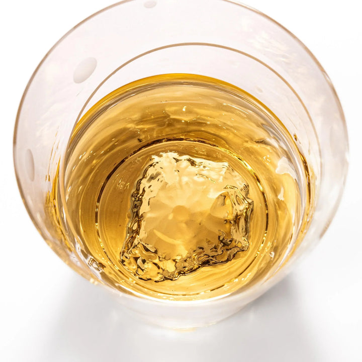 Clear rocks glass with etched geometric circles and dots, diagonal swirl accent, and detailed 3D Mount Fuji base.