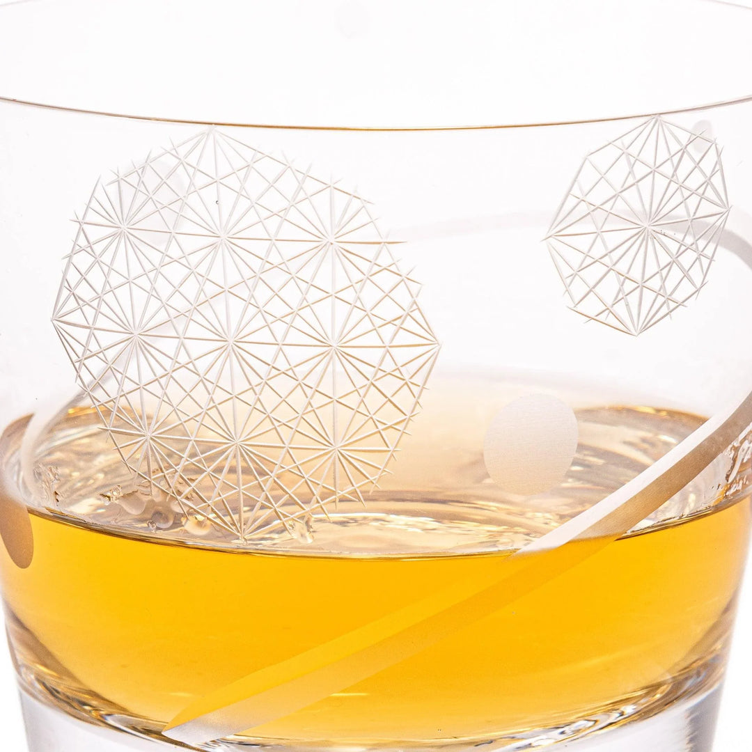 Clear rocks glass with etched geometric circles and dots, diagonal swirl accent, and detailed 3D Mount Fuji base.