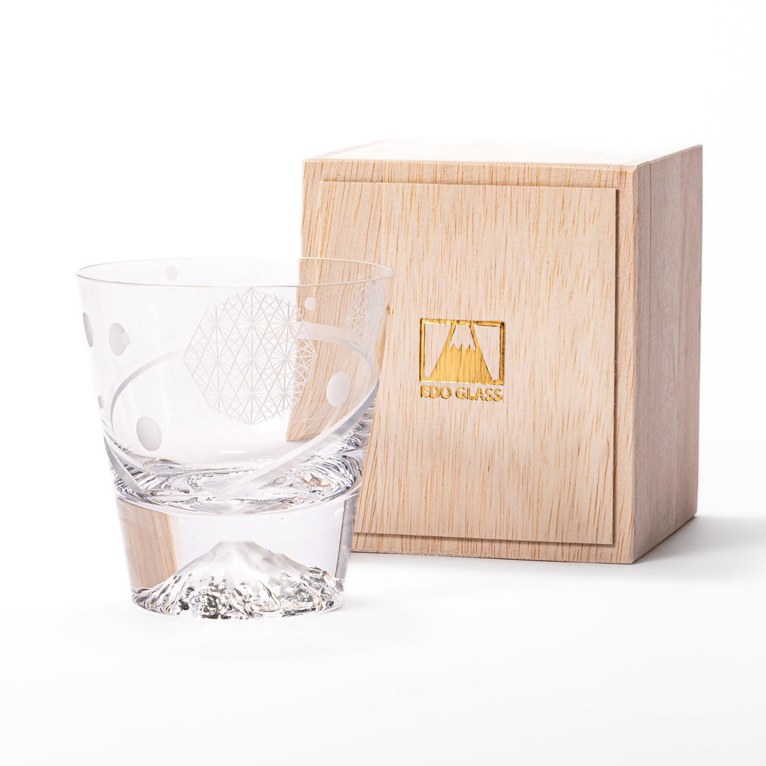 Clear rocks glass with etched geometric circles and dots, diagonal swirl accent, and detailed 3D Mount Fuji base.