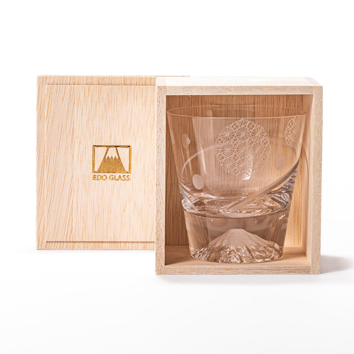 Clear rocks glass with etched geometric circles and dots, diagonal swirl accent, and detailed 3D Mount Fuji base.