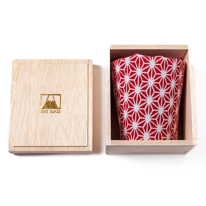 Clear rocks glass with etched geometric circles and dots, diagonal swirl accent, and detailed 3D Mount Fuji base.