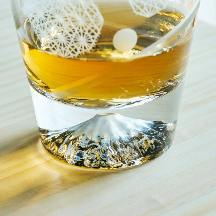 Close-up of a Kiriko Japanese whiskey glass featuring Mt. Fuji at the base and intricate Edo Kiriko patterns.