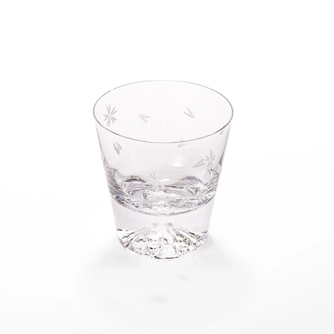 Clear glass with a subtle sakura pattern on the surface, featuring a distinctive mountain-shaped base, viewed from the side.