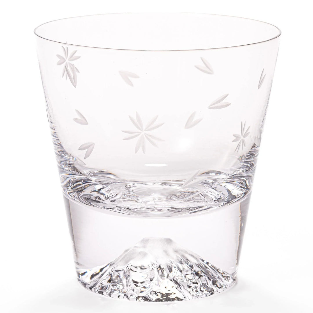 Clear glass with a subtle sakura pattern on the surface, featuring a distinctive mountain-shaped base, viewed from the side.