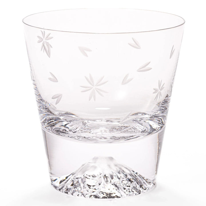 Clear glass with a subtle sakura pattern on the surface, featuring a distinctive mountain-shaped base, viewed from the side.