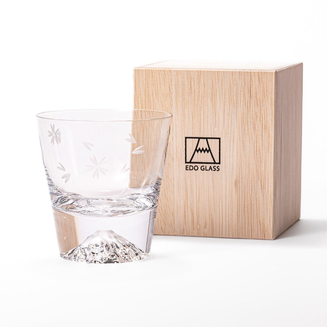 Clear glass with a subtle sakura pattern on the surface, featuring a distinctive mountain-shaped base, viewed from the side.
