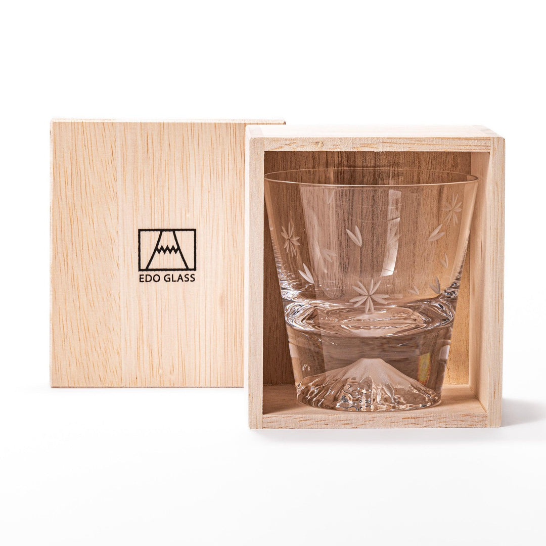 Clear glass with a subtle sakura pattern on the surface, featuring a distinctive mountain-shaped base, viewed from the side.