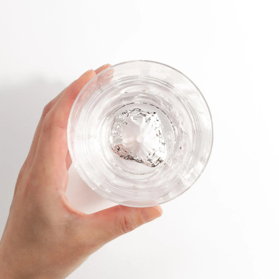 Clear glass featuring an embossed design of Mount Fuji at the base. Ideal for serving cold beverages.