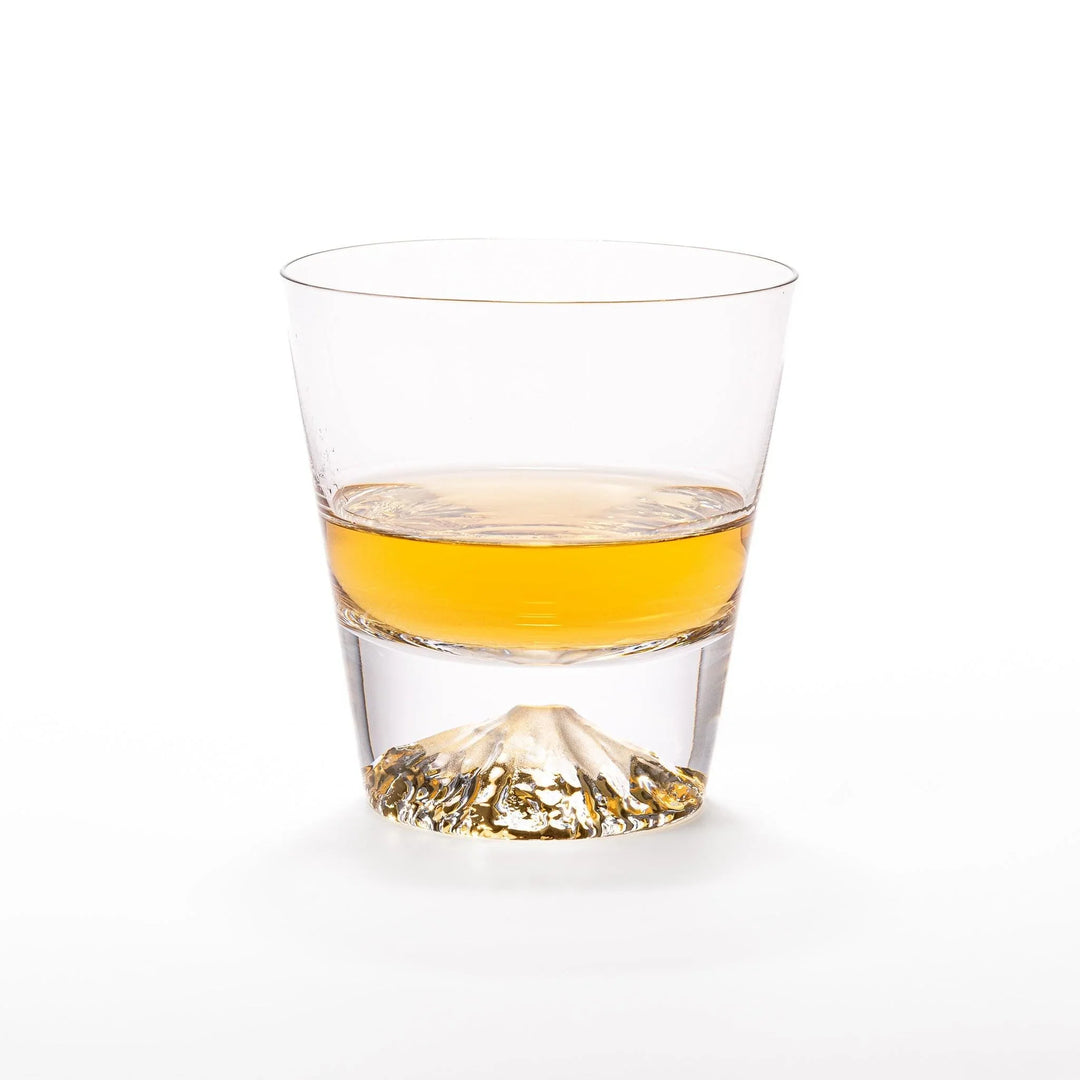 Clear glass featuring an embossed design of Mount Fuji at the base. Ideal for serving cold beverages.
