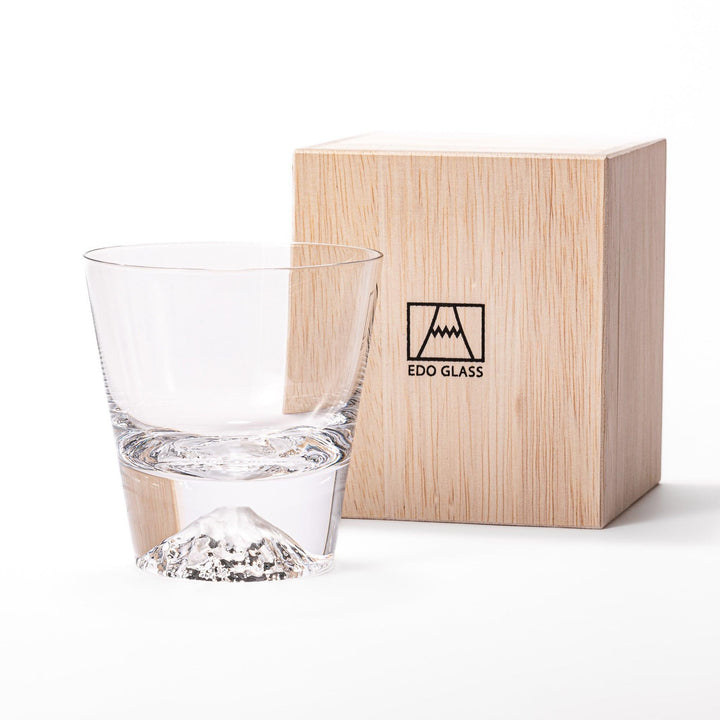 Clear glass featuring an embossed design of Mount Fuji at the base. Ideal for serving cold beverages.