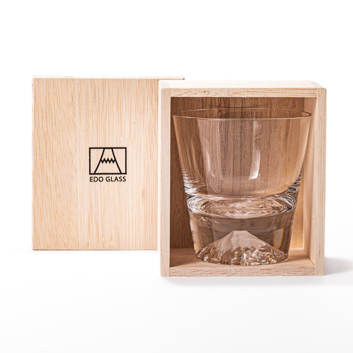 Clear glass featuring an embossed design of Mount Fuji at the base. Ideal for serving cold beverages.