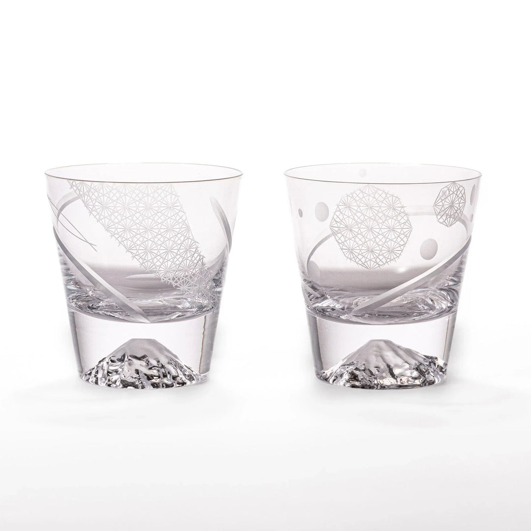 Pair of clear rocks glasses with 3D Mount Fuji base and etched geometric patterns, ideal for whiskey and cocktails.