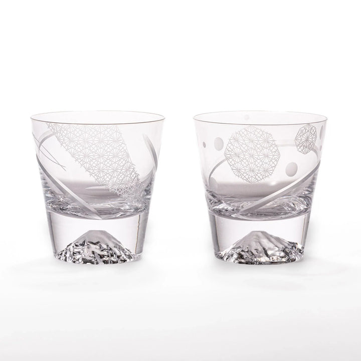Pair of clear rocks glasses with 3D Mount Fuji base and etched geometric patterns, ideal for whiskey and cocktails.