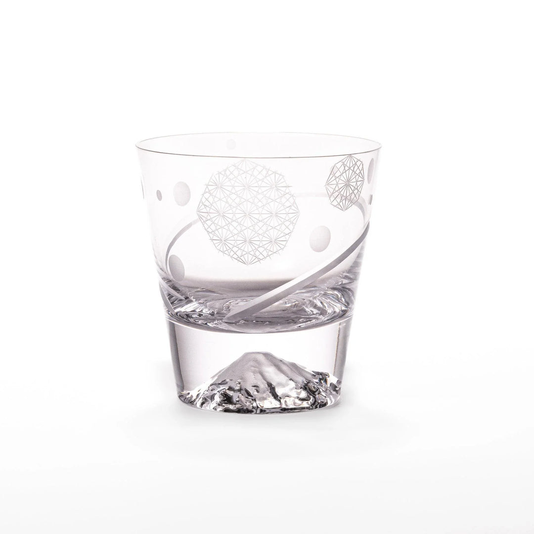Clear rocks glass featuring dotted geometric circles, swirling line detail, and textured 3D Mount Fuji base for cocktails.