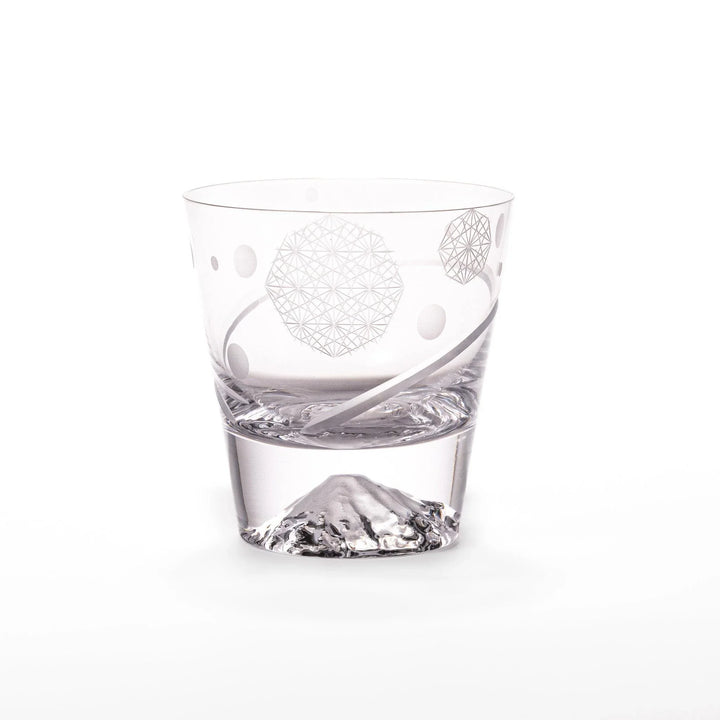 Clear rocks glass featuring dotted geometric circles, swirling line detail, and textured 3D Mount Fuji base for cocktails.