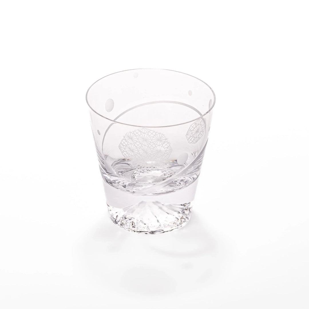 Clear rocks glass featuring dotted geometric circles, swirling line detail, and textured 3D Mount Fuji base for cocktails.
