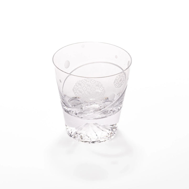 Clear rocks glass featuring dotted geometric circles, swirling line detail, and textured 3D Mount Fuji base for cocktails.