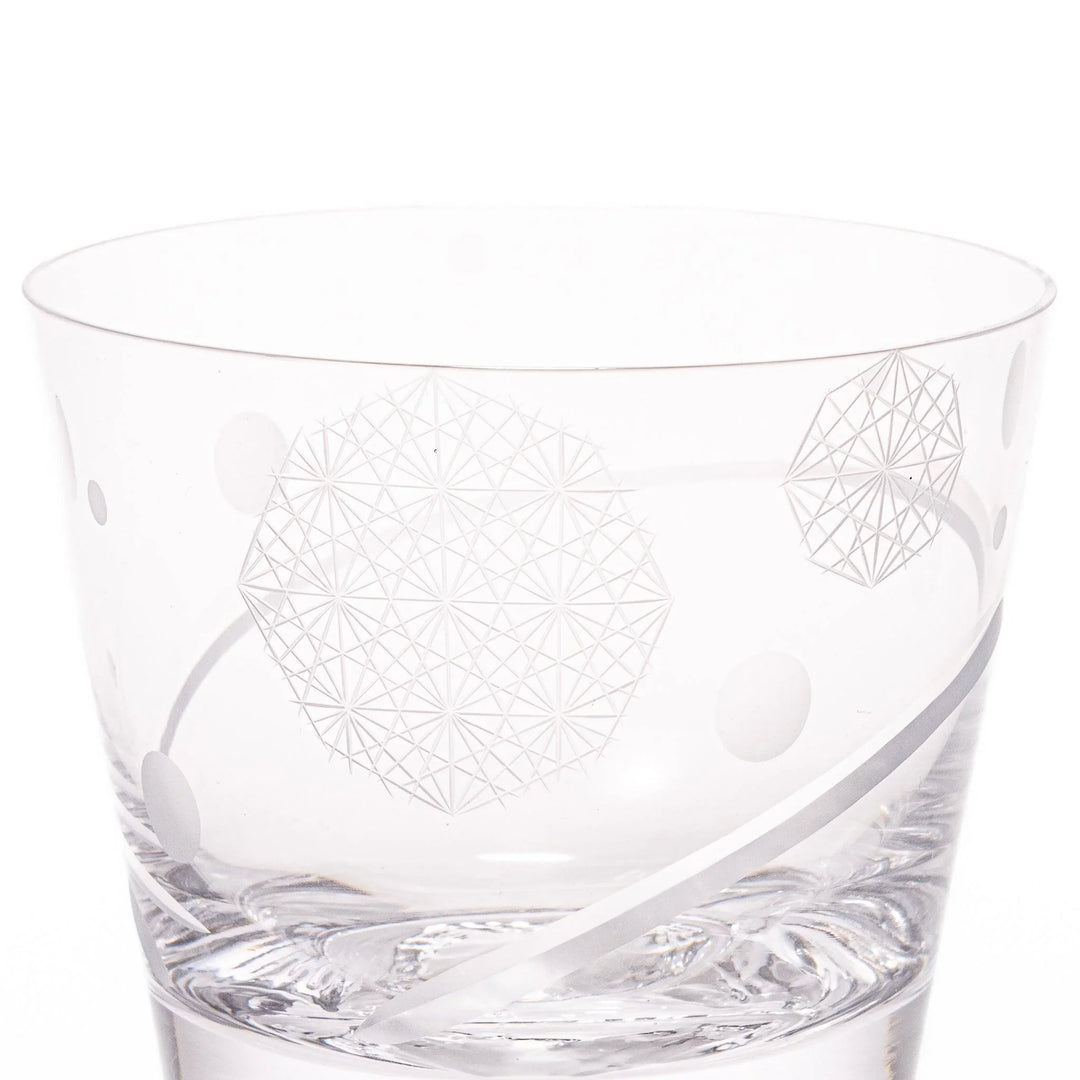 Clear rocks glass featuring dotted geometric circles, swirling line detail, and textured 3D Mount Fuji base for cocktails.