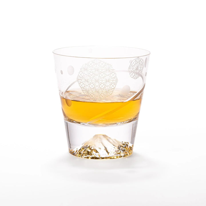 Clear rocks glass featuring dotted geometric circles, swirling line detail, and textured 3D Mount Fuji base for cocktails.

