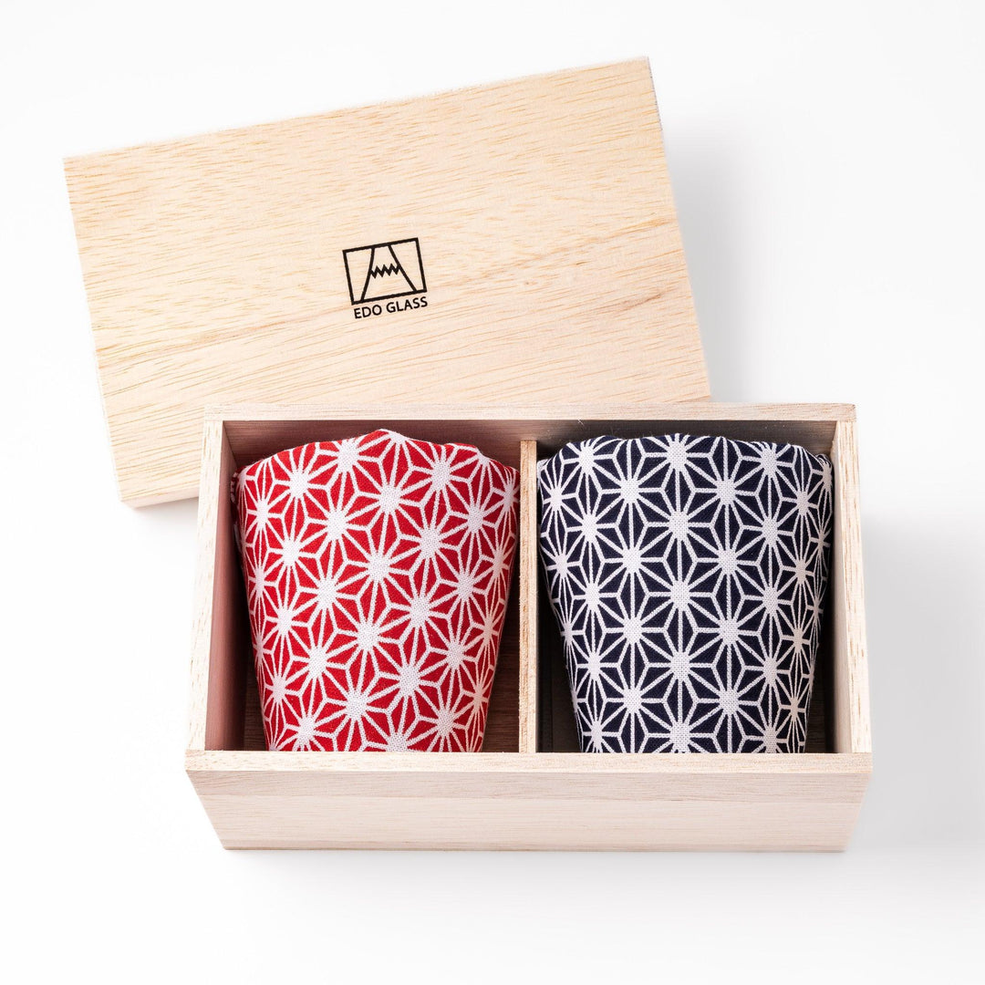 Pair of clear rocks glasses with 3D Mount Fuji base and etched geometric patterns, ideal for whiskey and cocktails.