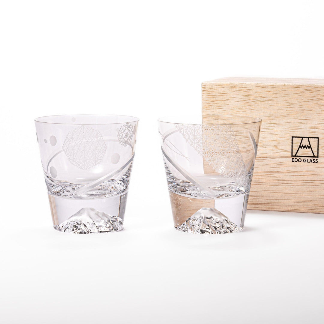 Pair of clear rocks glasses with 3D Mount Fuji base and etched geometric patterns, ideal for whiskey and cocktails.