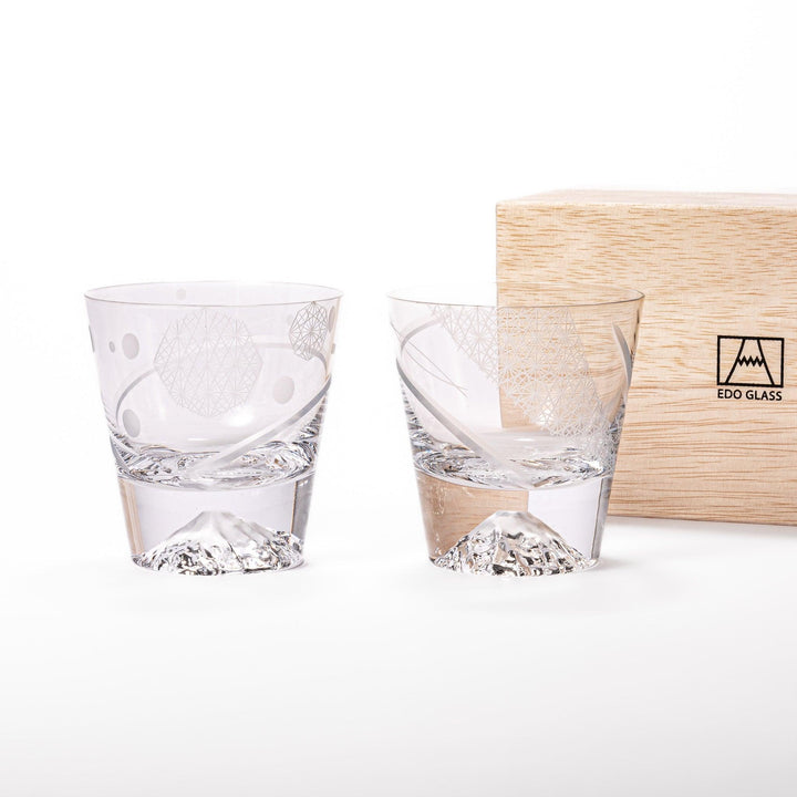 Pair of clear rocks glasses with 3D Mount Fuji base and etched geometric patterns, ideal for whiskey and cocktails.