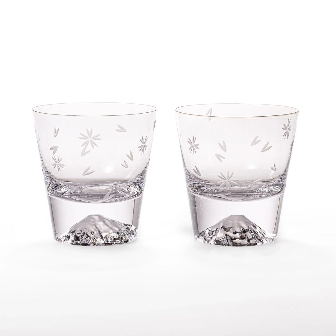 Two Edo glass whiskey cups in wooden box with Mount Fuji base design showcasing Japanese craftsmanship.
