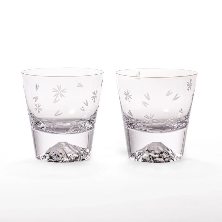 Two Edo glass whiskey cups in wooden box with Mount Fuji base design showcasing Japanese craftsmanship.