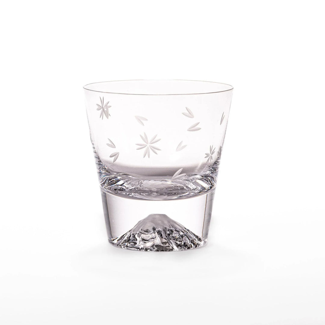 Two Edo glass whiskey cups in wooden box with Mount Fuji base design showcasing Japanese craftsmanship.