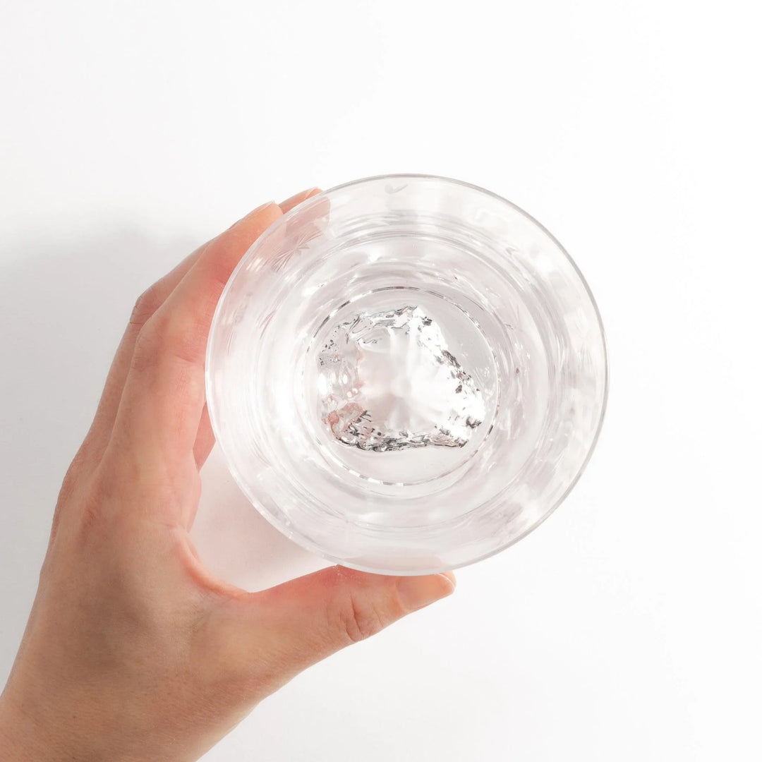 Two Edo glass whiskey cups in wooden box with Mount Fuji base design showcasing Japanese craftsmanship.