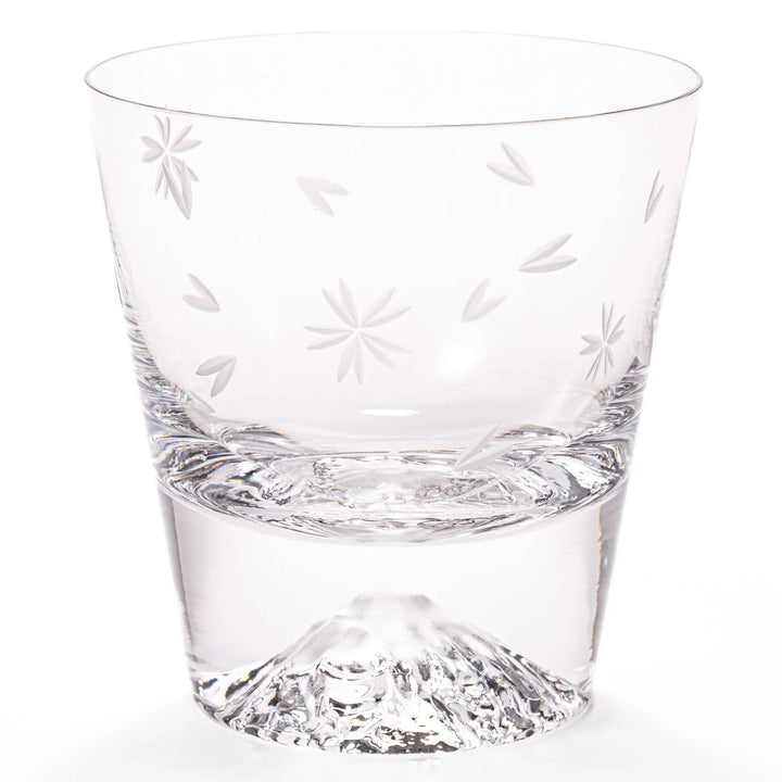 Two Edo glass whiskey cups in wooden box with Mount Fuji base design showcasing Japanese craftsmanship.