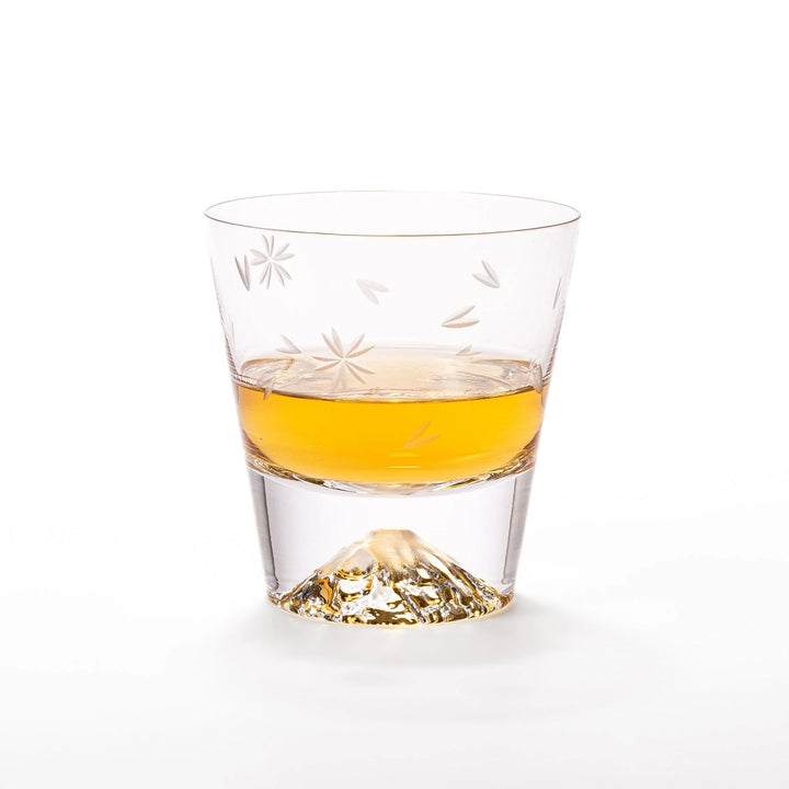 Two Edo glass whiskey cups in wooden box with Mount Fuji base design showcasing Japanese craftsmanship.
