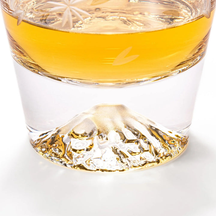 Two Edo glass whiskey cups in wooden box with Mount Fuji base design showcasing Japanese craftsmanship.