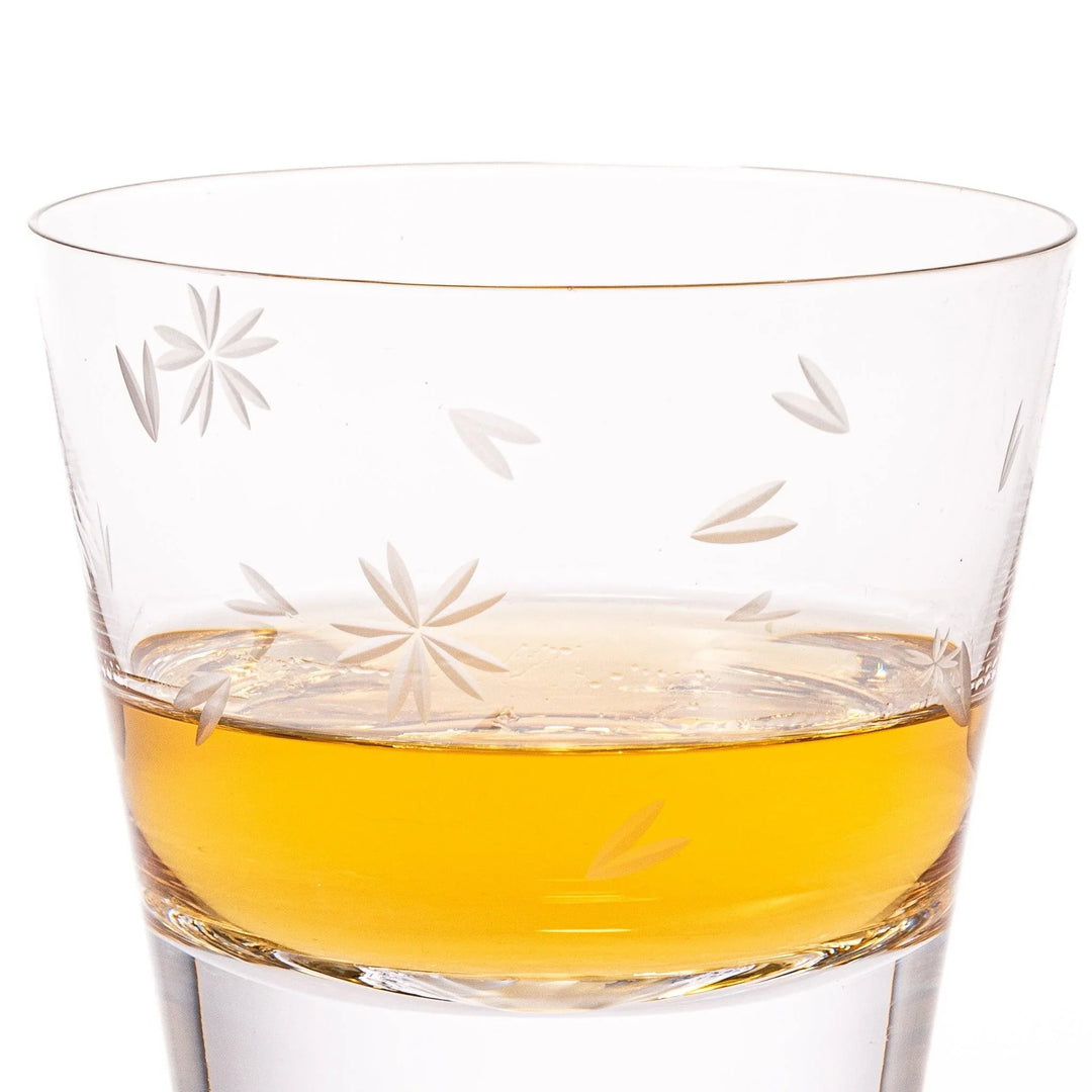 Two Edo glass whiskey cups in wooden box with Mount Fuji base design showcasing Japanese craftsmanship.