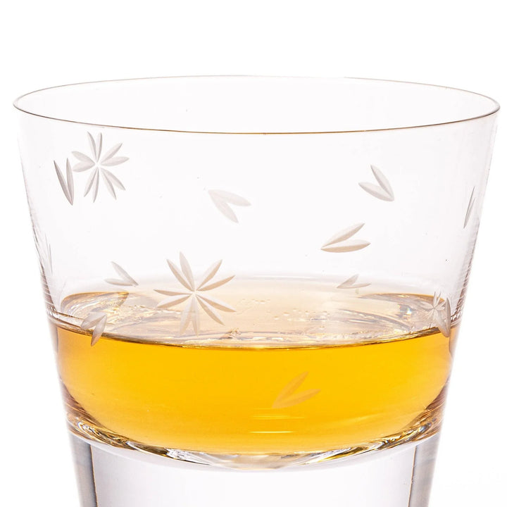 Two Edo glass whiskey cups in wooden box with Mount Fuji base design showcasing Japanese craftsmanship.