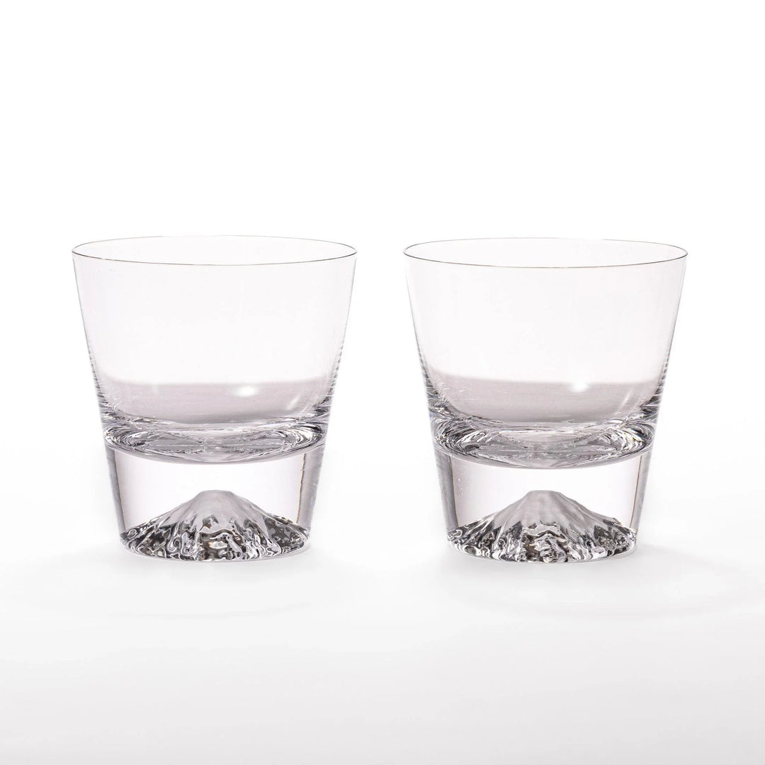 Two Edo glass whiskey cups in wooden box with Mount Fuji base design showcasing Japanese craftsmanship.