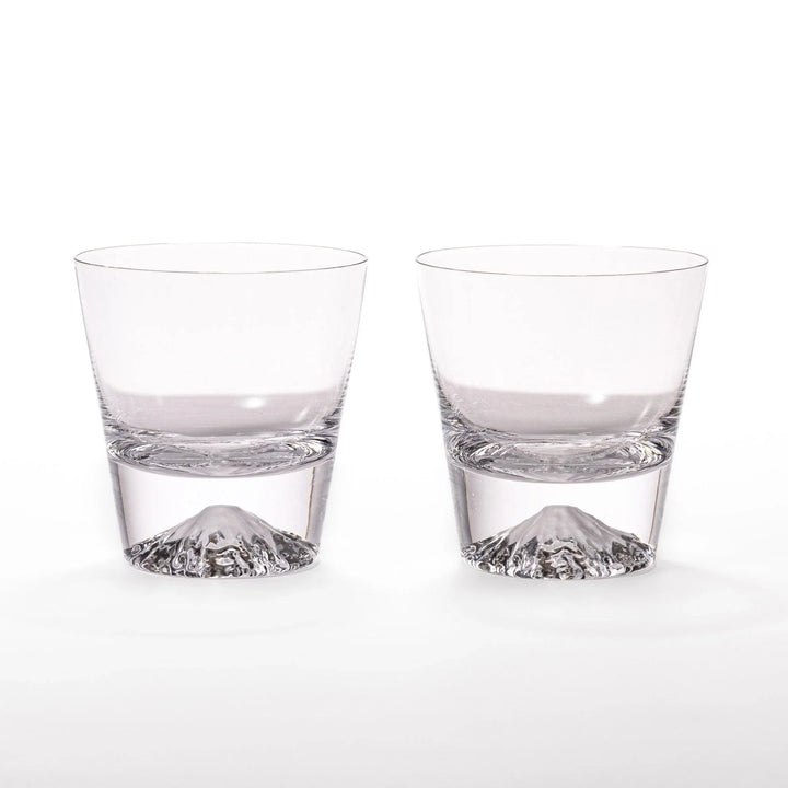 Two Edo glass whiskey cups in wooden box with Mount Fuji base design showcasing Japanese craftsmanship.