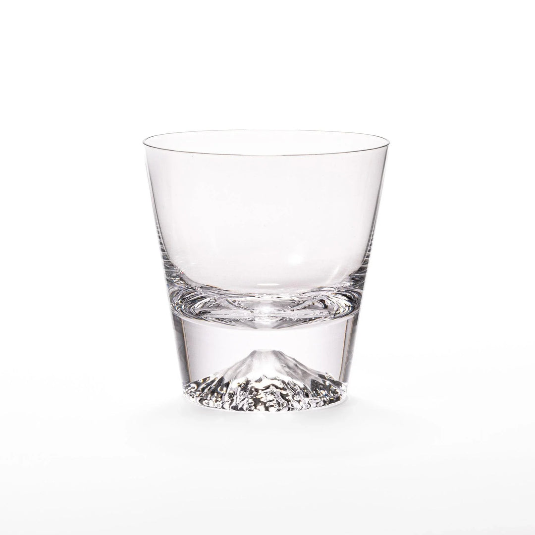 Two Edo glass whiskey cups in wooden box with Mount Fuji base design showcasing Japanese craftsmanship.