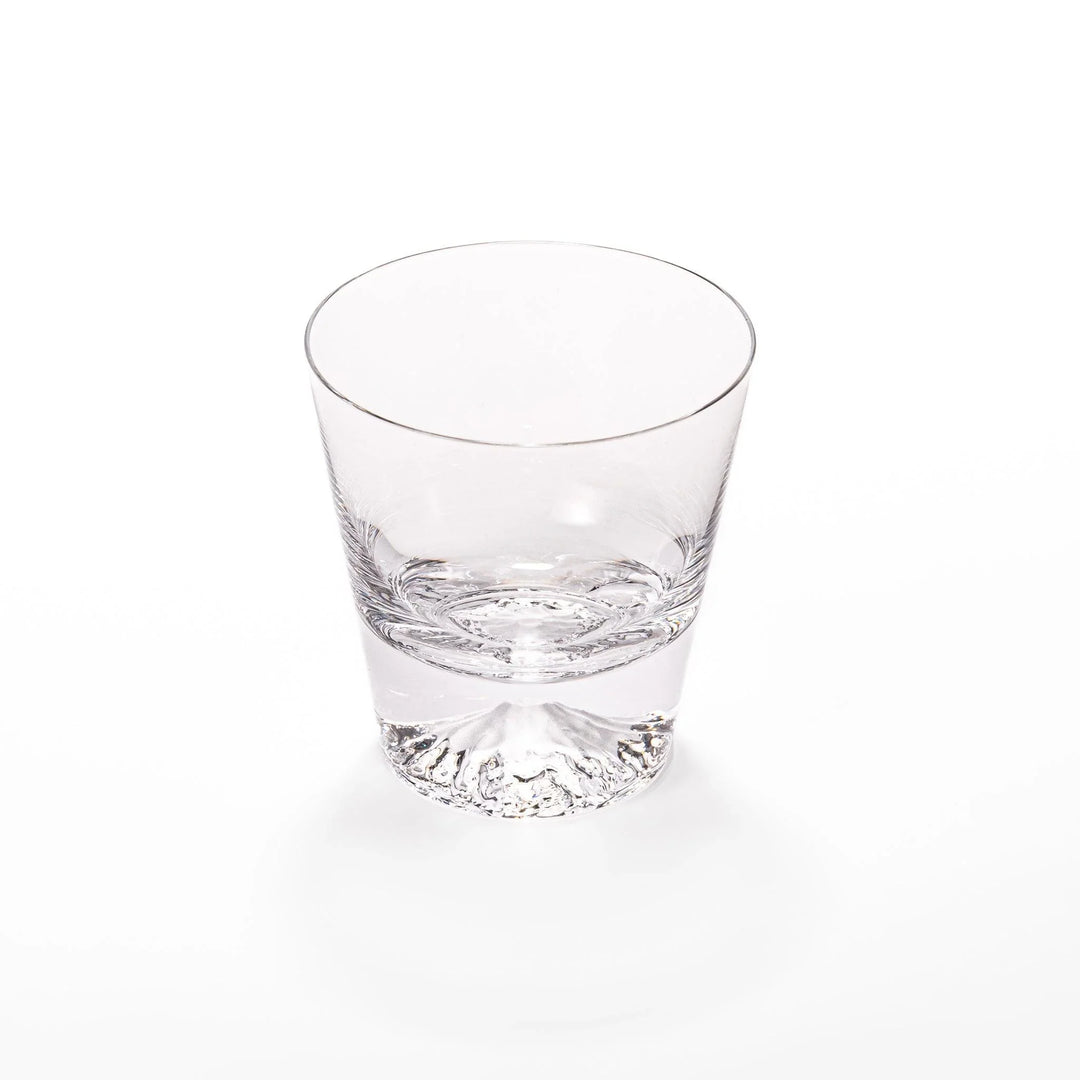 Two Edo glass whiskey cups in wooden box with Mount Fuji base design showcasing Japanese craftsmanship.